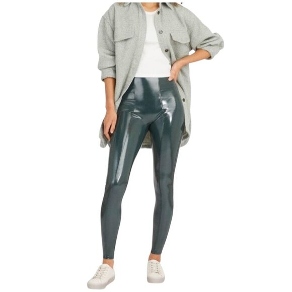 Spanx Faux Patent Leather Leggings In Deep Green Sz M - Picture 1 of 10